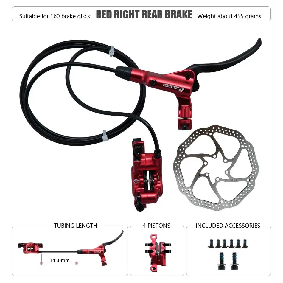 Zoom HB-876 4 Zuiger Opvouwbare Mountainbike Schijf Hydraulische Rem Set Voor 800 Achter 1400 Mm Mtb Fiets Kramp Rode Fietsonderdelen
