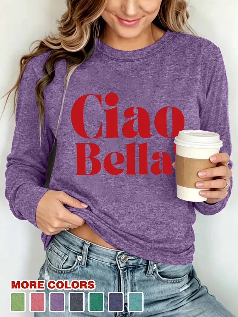 90s Fashion Women Ciao Bella Letter Print T-Shirt Long Sleeve Clothing Female Vintage Tops Tees Casual Winter Autumn Clothes
