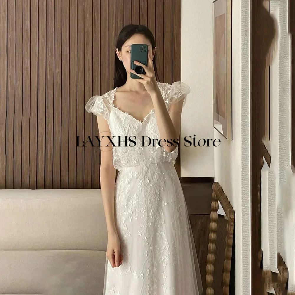 เจ้าหญิงสแควร์คอชุดแต่งงานเกาหลีถ่ายภาพแขนสั้นลูกไม้ Tulle ชุดเจ้าสาวดอกไม้ลูกปัดชุดเจ้าสาวที่กําหนดเอง