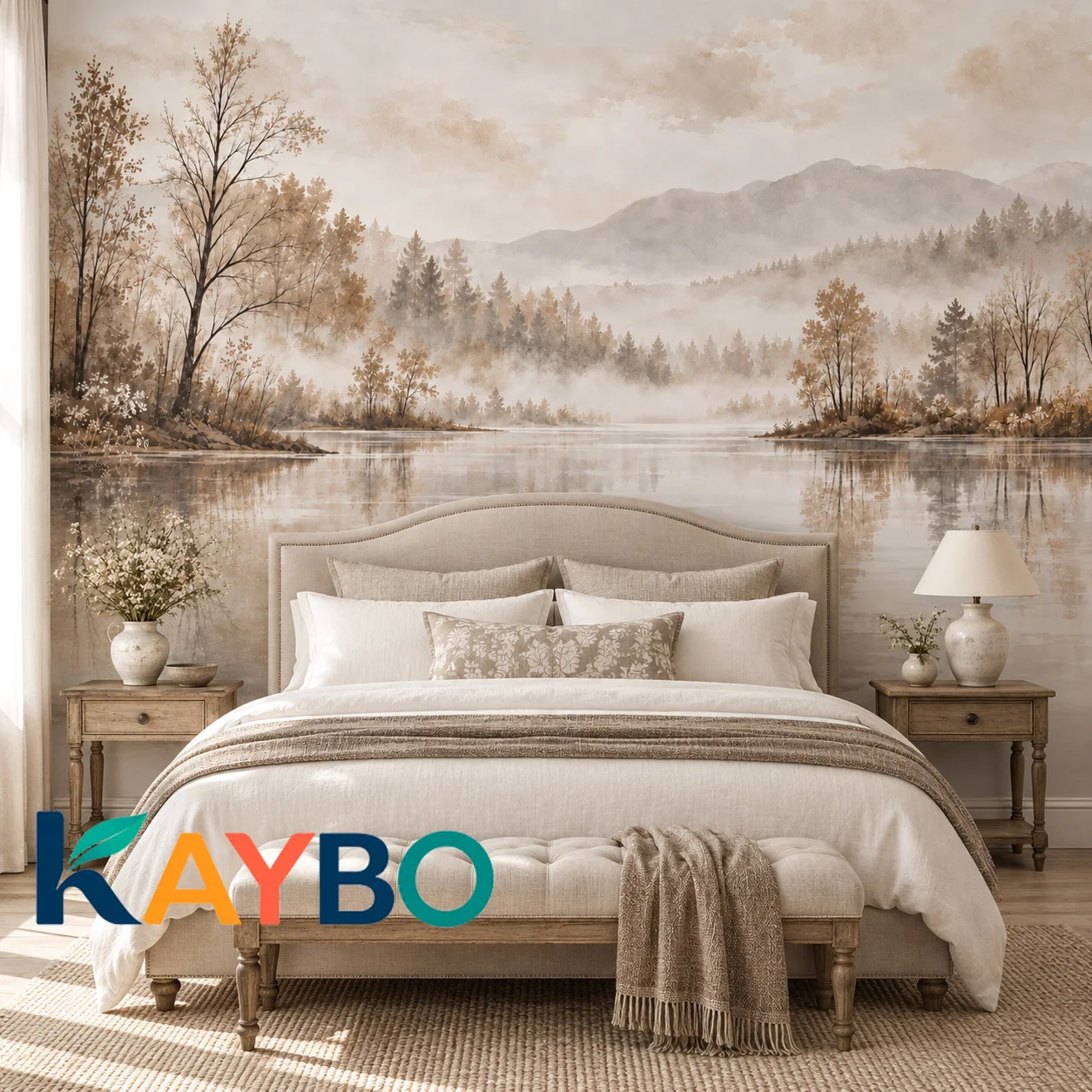 Mountain Landscape Wallpaper Mural Mist Forest Lake Neutral Beige Wall Art Decor Living Room Bedroom Non Self Adhesive Wallpaper