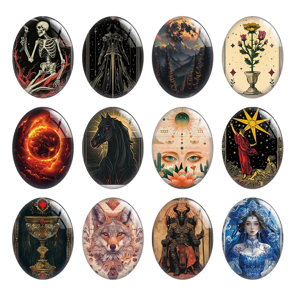 10pcs/lot Halloween Gothic Skull Tarot Pattern Horror Oval Photo Glass Cabochon Charms Flatback Demo Cameo Diy Jewelry Making