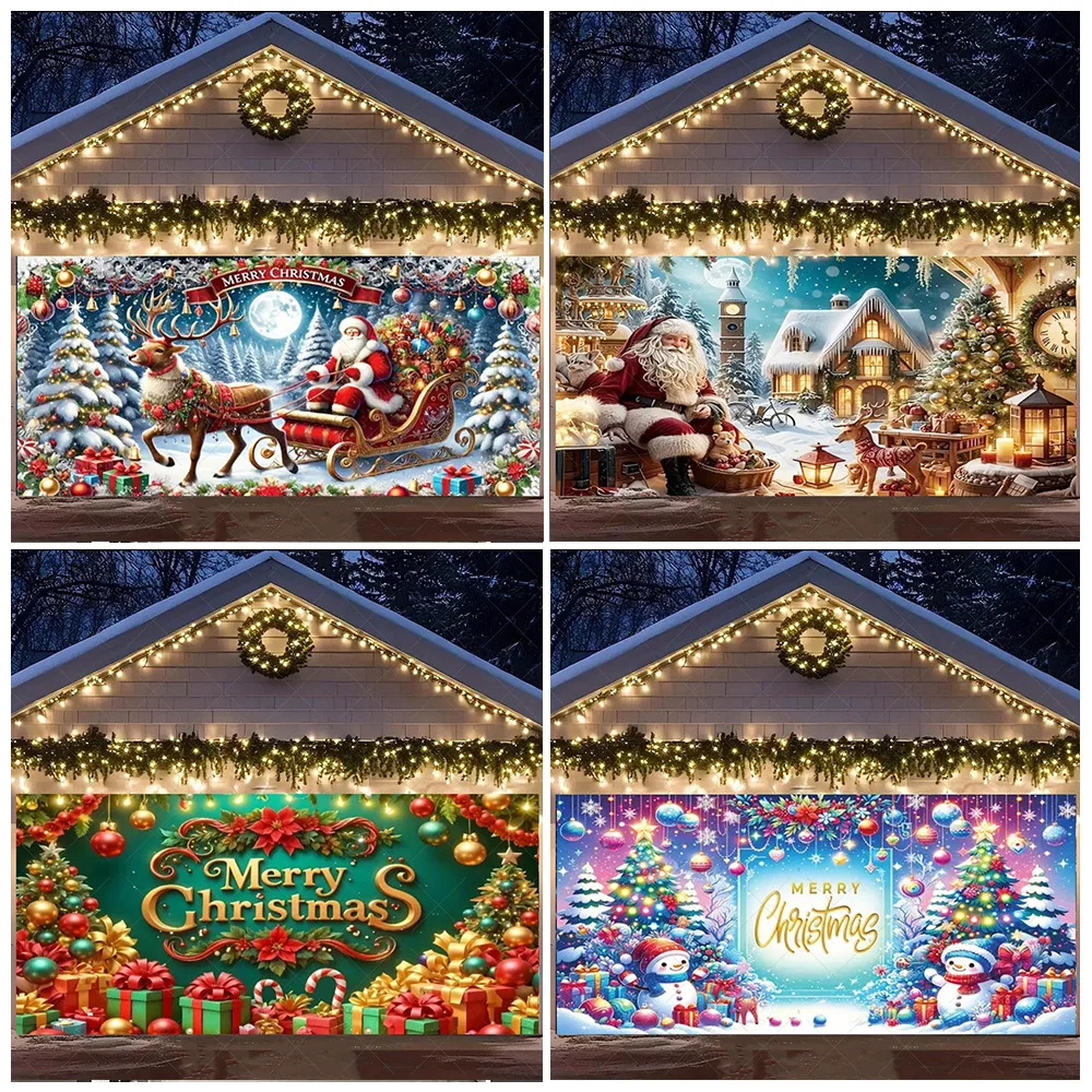 

Merry Christmas Garage Door Background Banner Xmas Tree Gift Santa Claus Backdrop Winter Christmas Party Outdoor Wall Decoration