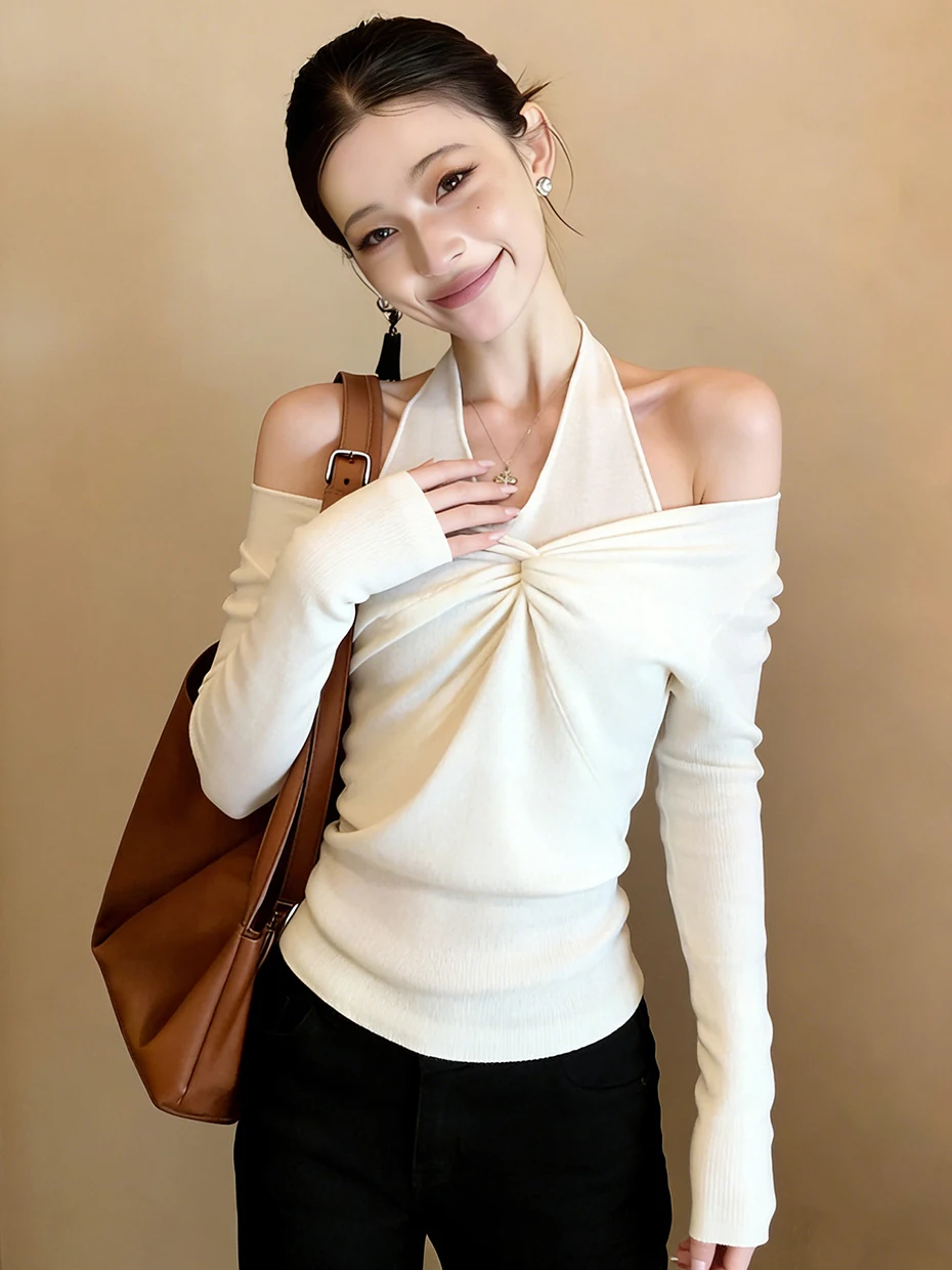 

Elegant White Knitted Sweater Women's Slim Fit Inner Wear Shoulder Bared V-Neck Spring 2026 Fashion Design Polyester Fiber