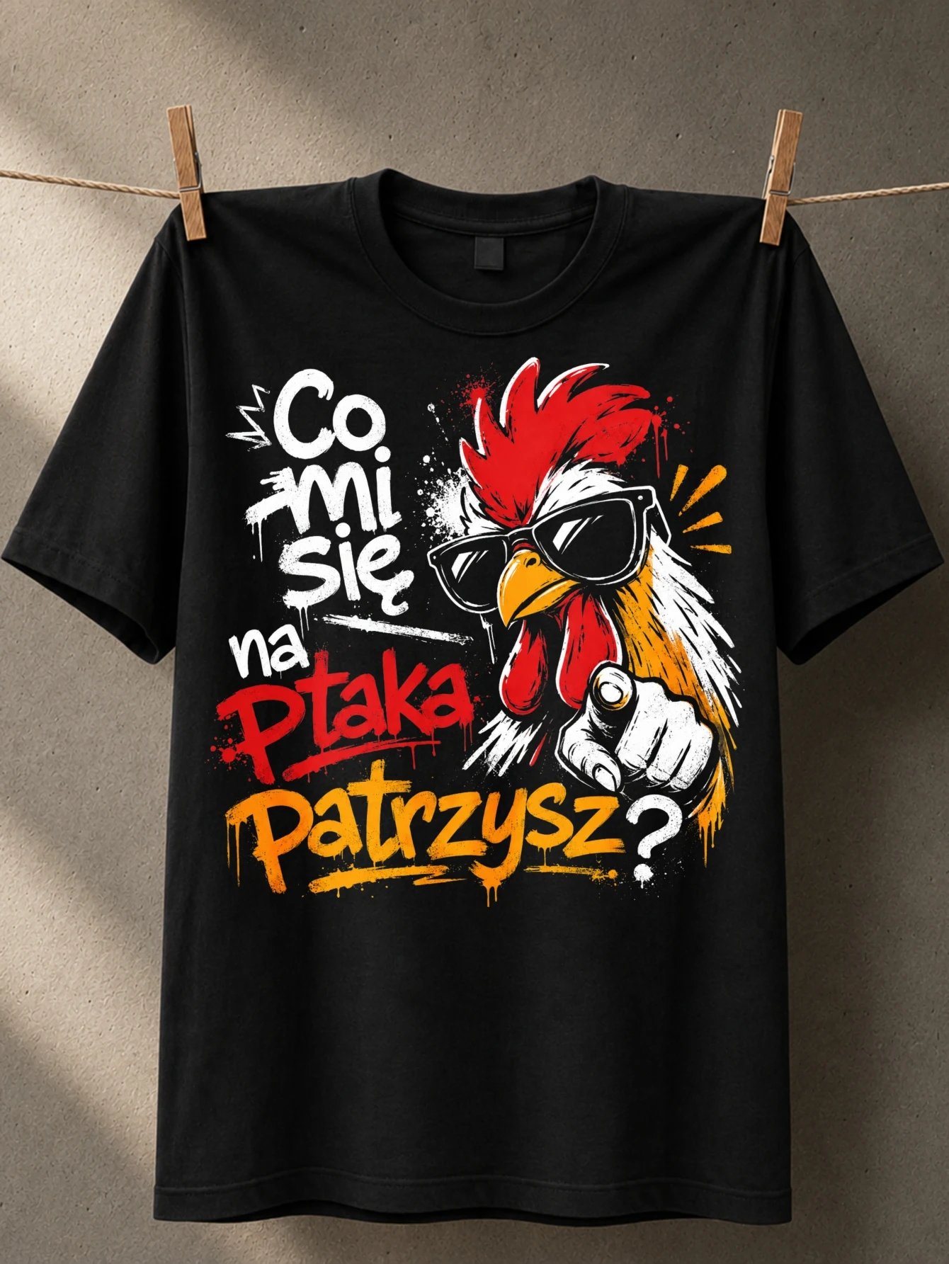 Co mi sie na ptaka patrzysz graffiti rooster pointing beak red orange brush text bold humor Unisex  Unisex All T-Shirt