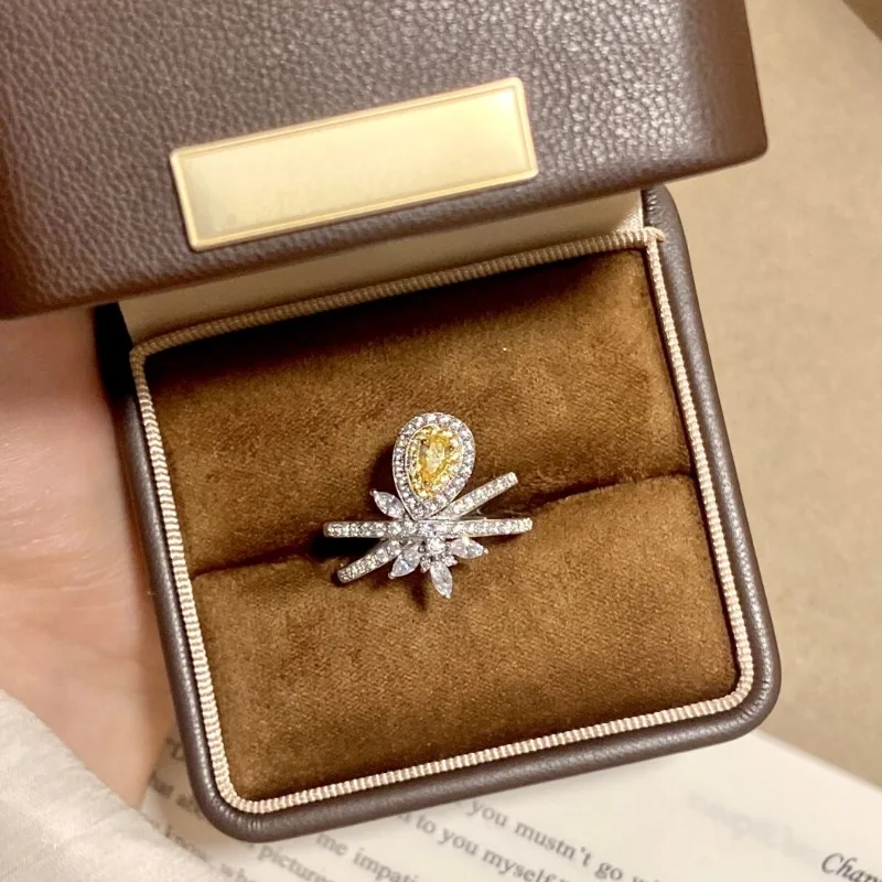 Inspiration silver 925 light luxury rings for women retro micro inlaid yellow gemstone water droplet ring banquet jewelry gift