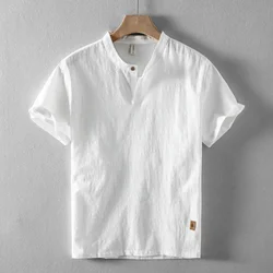 M-5XL 2024 Summer Thin New Men's Casual Shirts Retro Chinese Style Stand Collar Cotton Linen Short Sleeve Shirt White Green