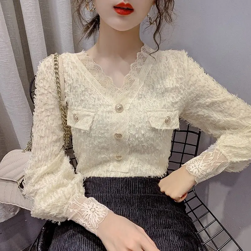 2023 New Spring Fashion Celebrity Temperament Tassel V-Neck Lace Shirt Women\'s Long Sleeve Foreigner Style Underlay Top Bottom