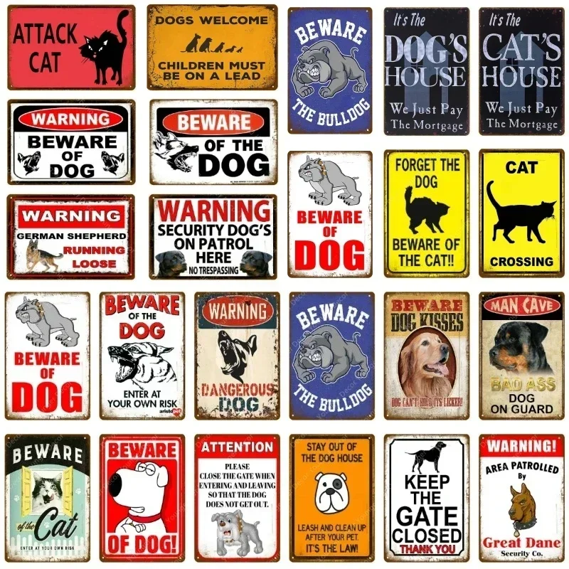 Warning Danger Metal Signs Vintage Beware Of The Dog Cat Poster Wall Plaque Courtyard  Garden Bar House Painting Man Cave Decor