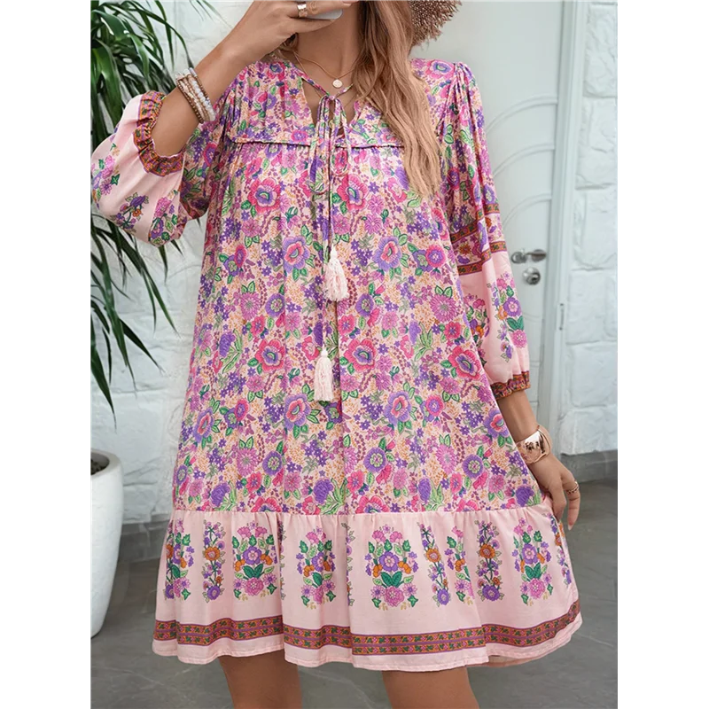 【】Women Casual Spring Summer Dresses V Neck 3/4 Long Sleeve Floral Flowy Boho Babydoll Mini Short Beach Dress