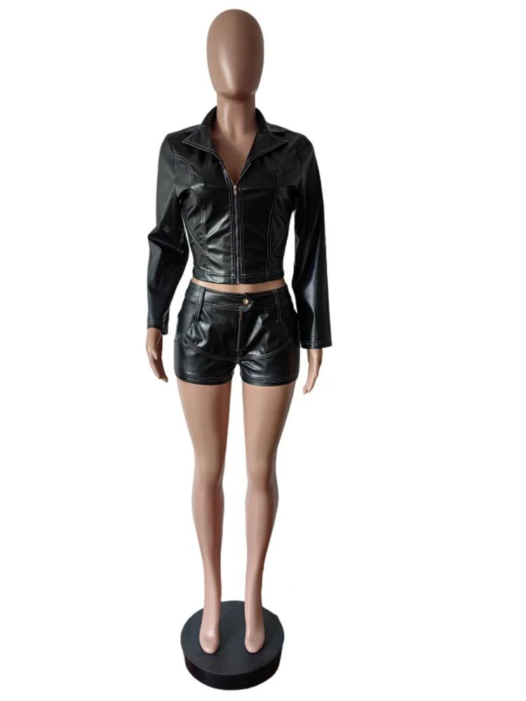 Weird Puss Faux Leather 2 Piece Set Women Zipper Cardigan Full Sleeve Jacket+Skinny Solid Shorts Street Fashion Trend Wild Suits