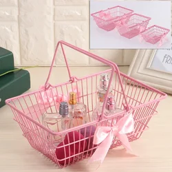 Mini Pink Storage Basket, Multi functional Desktop Organizer for Accessories and Cosmetics, Ribbon Accent, Iron Construction