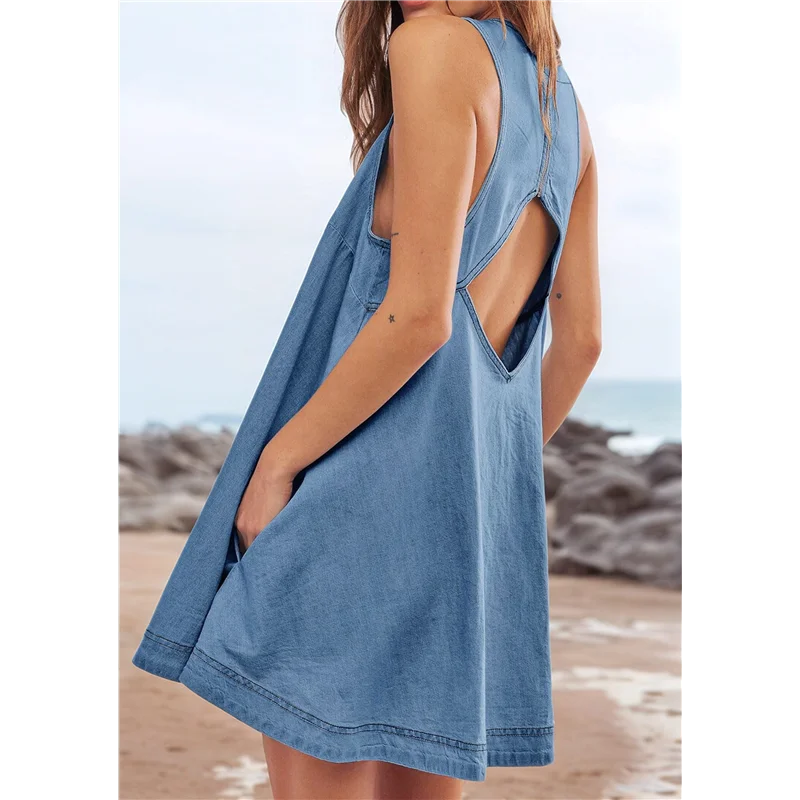 FX-Women's Sleeveless Denim Babydoll Mini Dress Summer Casual Cutout Back A-Line Flowy Jean Dress With Pockets