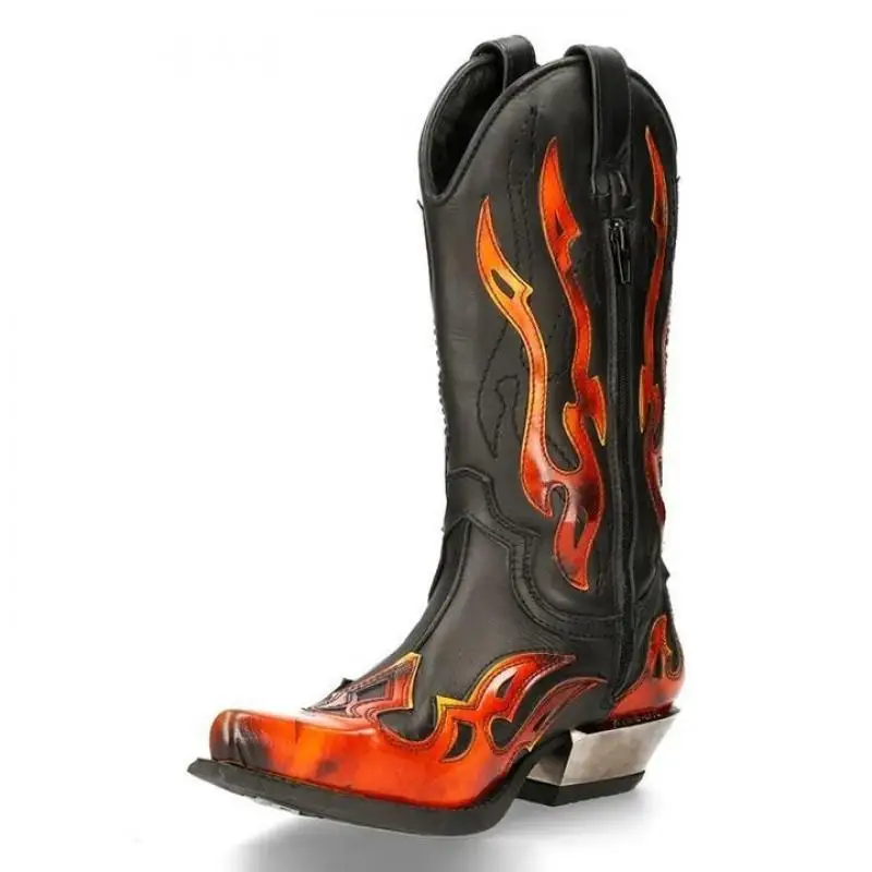 Retro-Flammen-Farbblock-Kniehohe Stiefel, Modische Spitze, Dicker Absatz, Ritterstiefel, Western-Cowboy-Luxus-Punk-Schuhe 2026 – Detail 3