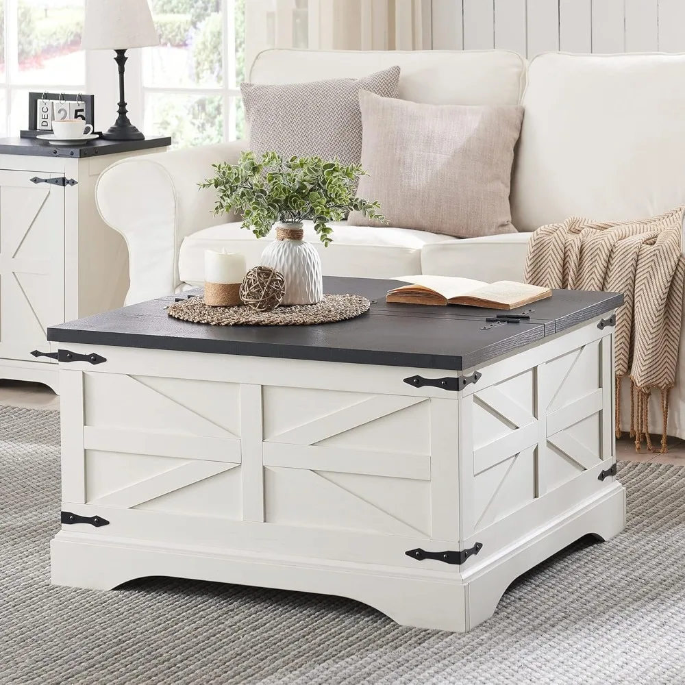 Farmhouse coffee table, square wood center table, large hidden locker in living room, hinged ceiling, white