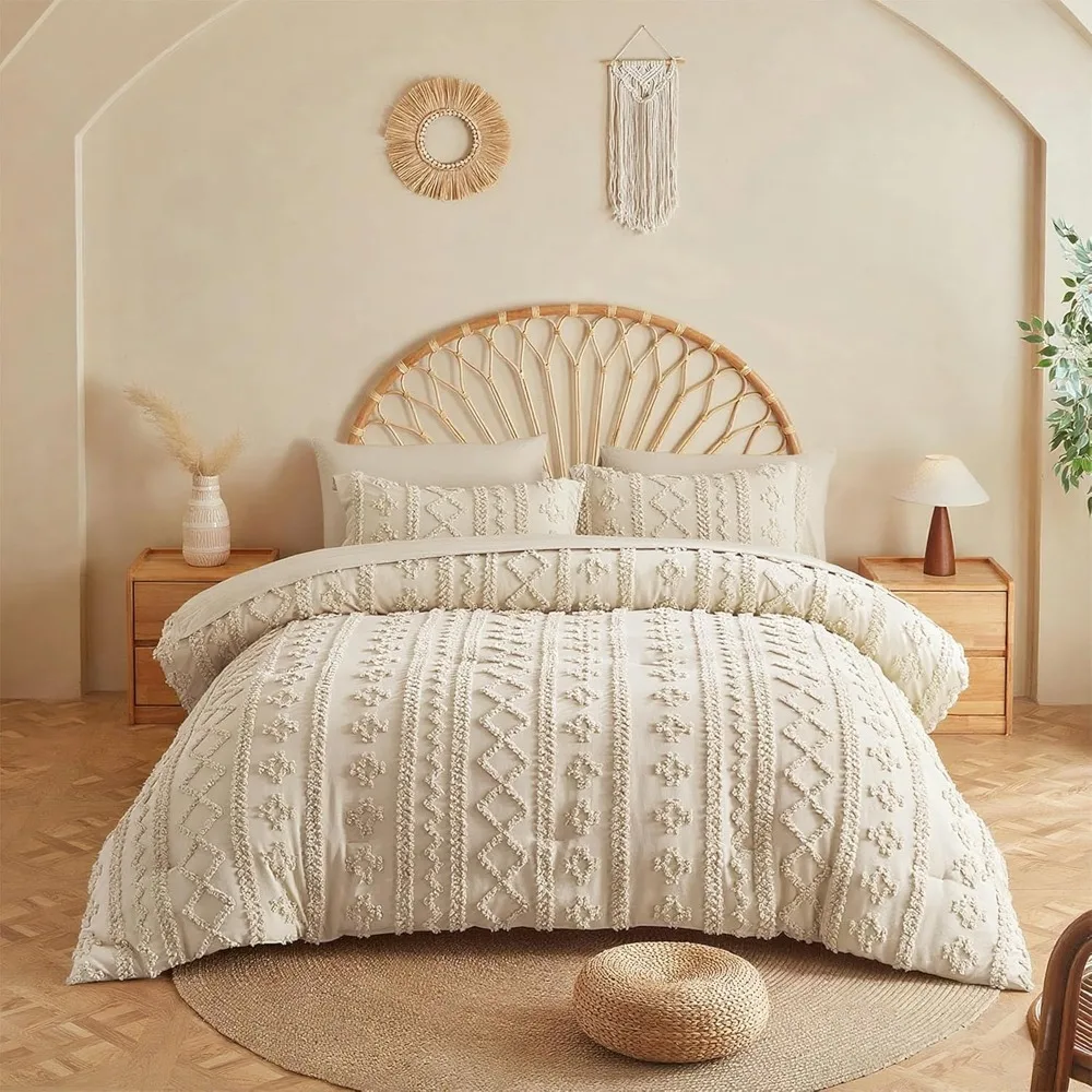 Beige Comforter Set Queen, Tufted Boho Bedding Set, Farmhouse Bed in a Bag Set 7 Pieces with 1 Comforter, 2 Pillow Shams