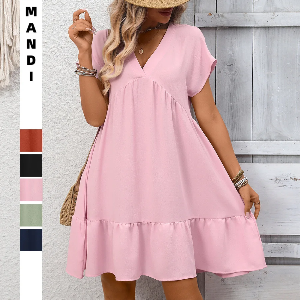 

2026 summer women's ruffle V-neck solid color vacation dress