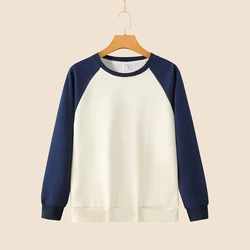 Spring and Autumn Women's Splicing Contrast Color O-Neck Long Sleeve Loose Pullovers Plus Size Fashion Casual All-match Tops