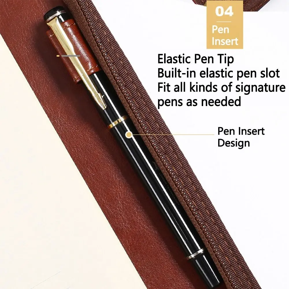 Portable File Folder PU Leather 6-Ring Work Record Book Zippered Closure Card Holder Loose Leaf Notebook Office Supplies