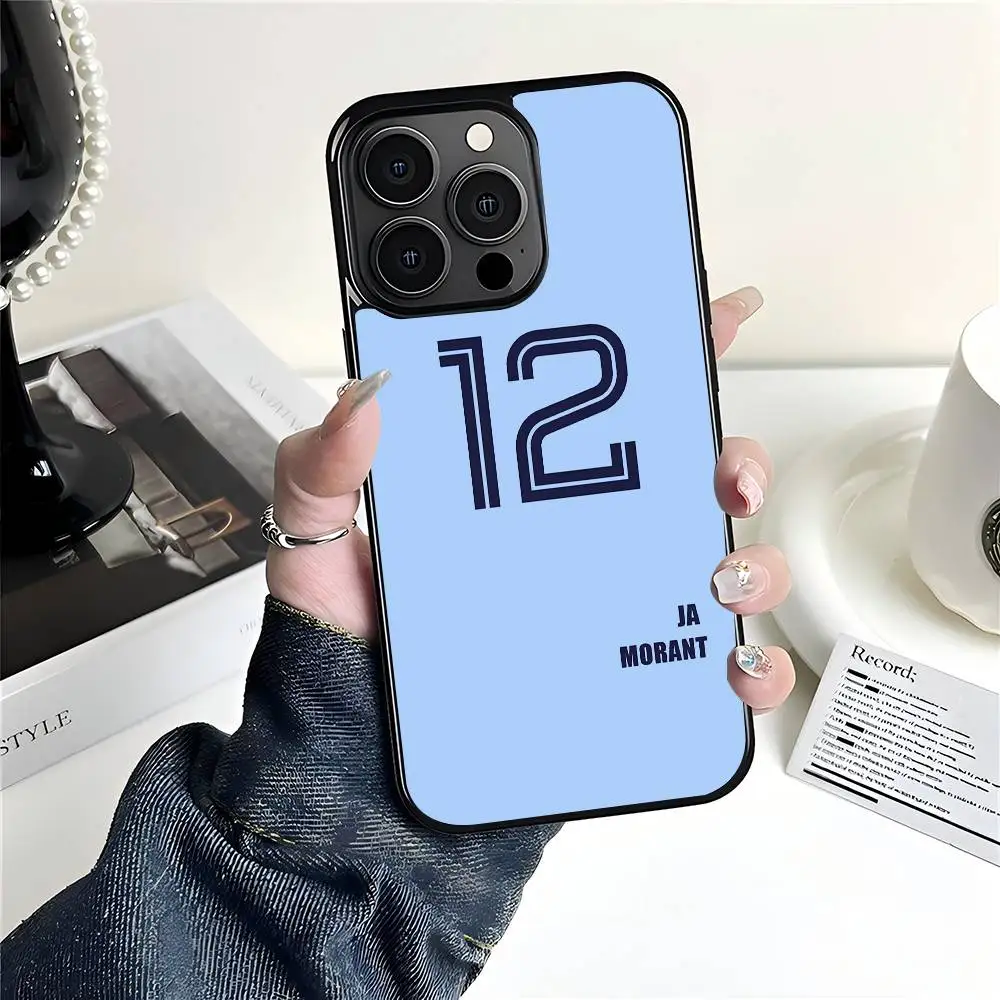 Funda para Teléfono con Diseño de Camiseta de Baloncesto J-Ja M-Morant 12 para iPhone 17 Air 16 15 14 Pro Max Plus 13 12 11, Carcasa Rígida de PC con Parche Negro