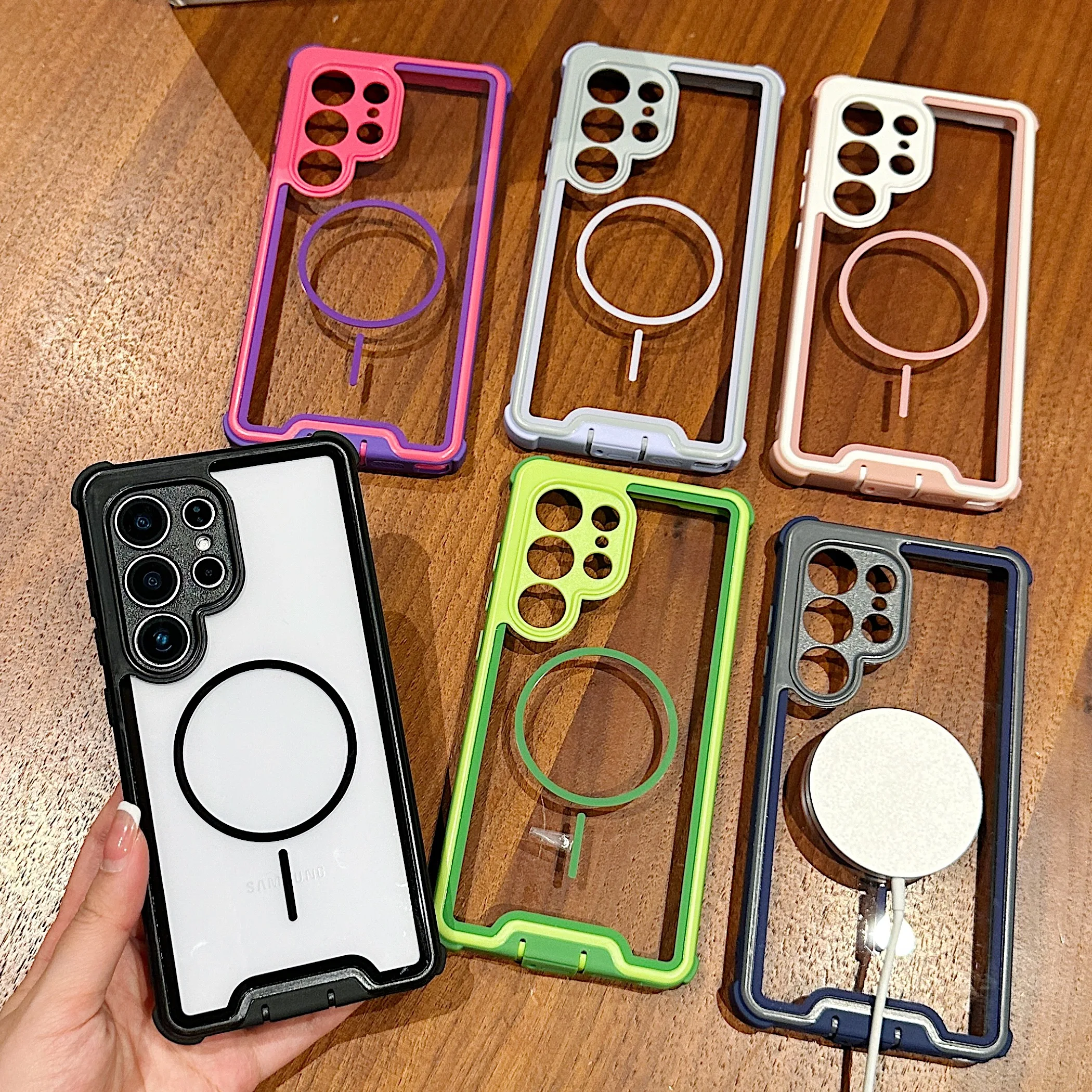 Schokbestendig Contrast Kleur Voor Magsafe Magnetische Case Voor Samsung Galaxy S25 S24 S23 Ultra Plus Hybrid Transparante Hard Cover