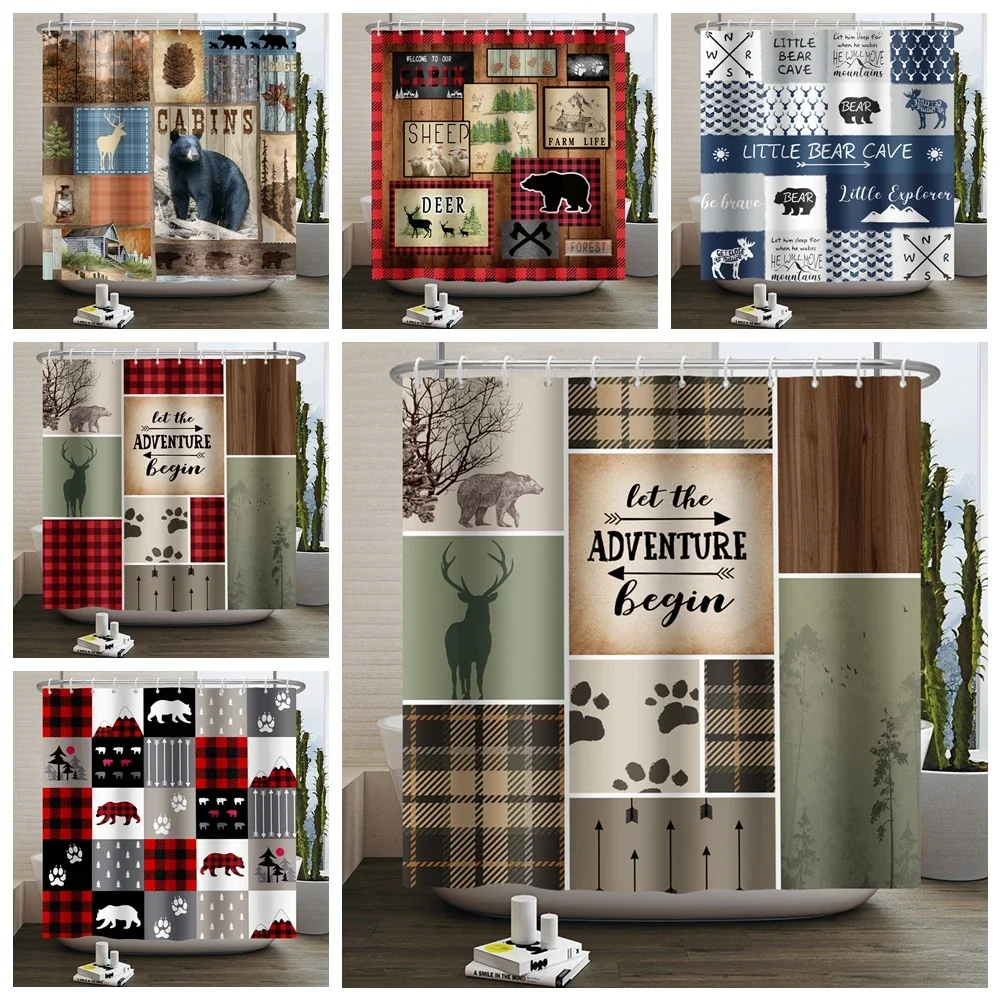 Rustic Cabin Hunting Camping Shower Curtain Wild Animal Bear Deer Farmhouse Lodge Wood Plaid Check Waterproof Bathroom Curtain