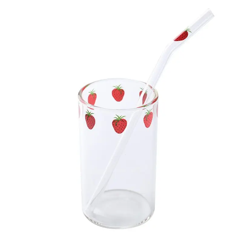 Ins Nana Strawberry Glasses Heat Resistant Coffee Milk Water Cups with Straws Clear Cute Juice Smoothie Cold Drinks Straw Cup