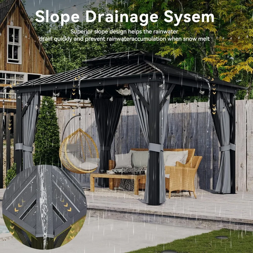 10'x12' Hardtop-Pavillon, Baldachin mit Aluminiumrahmen, doppelt verzinktes Stahldach, Metallpavillon für den Außenbereich mit Netz, Grau