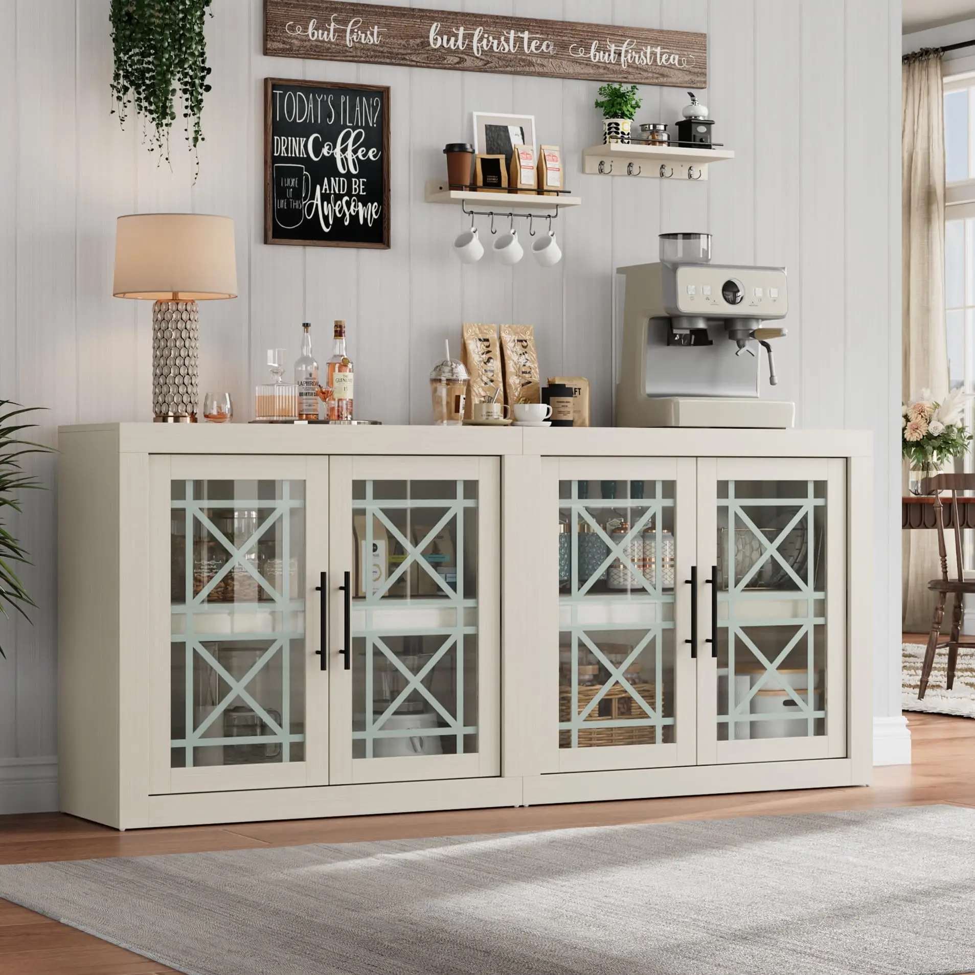 

71 Inch Cream Modern Coffee Bar Cabinet With Four Frosted Glass Doors And X-Design Panels For Kitchen Dining Or Entryway