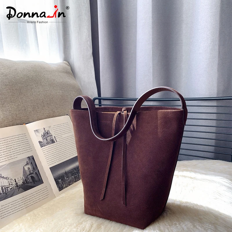 Donna-in Top Layer Suede Tote Bag Plus Size Chamois Nubuck Bucket Torby na ramię dla kobiet Codzienne dojazdy do pracy Prawdziwa skóra