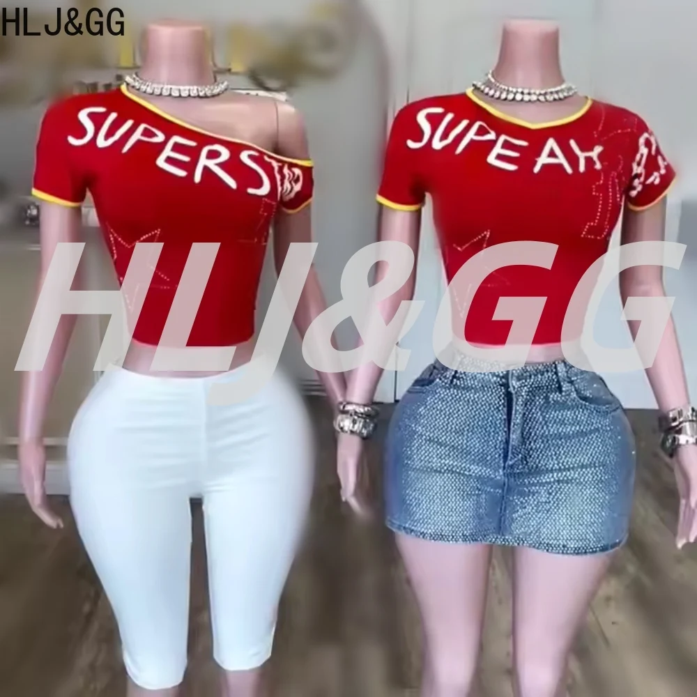 

HLJ&GG Summer New Cute Rhinestones Letter Two Piece Sets Women One Shoulder Short Sleeve Slim Crop Top And Mini Skirts Outfits