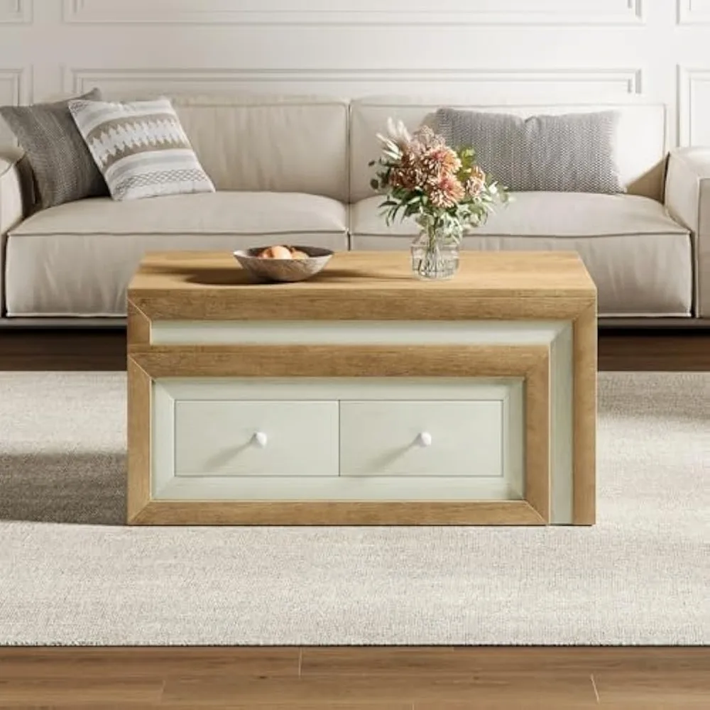 Extendable Coffee Table with 2 Drawers, 40"-71" Length Coffee Table with Storage, Farmhouse Center Table Cocktail Tab
