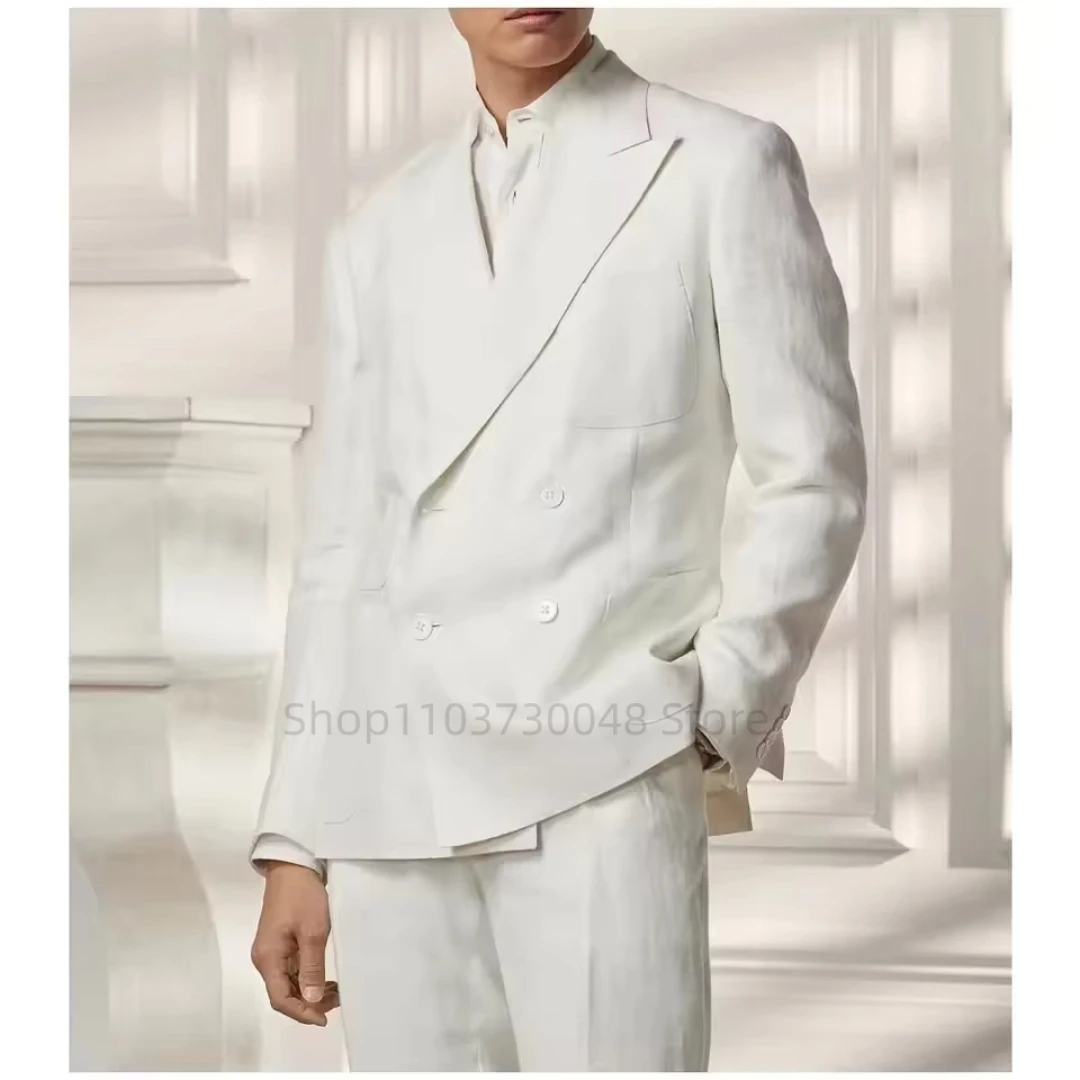 

Высококачественные мужские костюмы из двух предметов цвета слоновой кости/белого льна, элегантный повседневный двубортный приталенный пиджак с лацканами и брюками для вечеринки