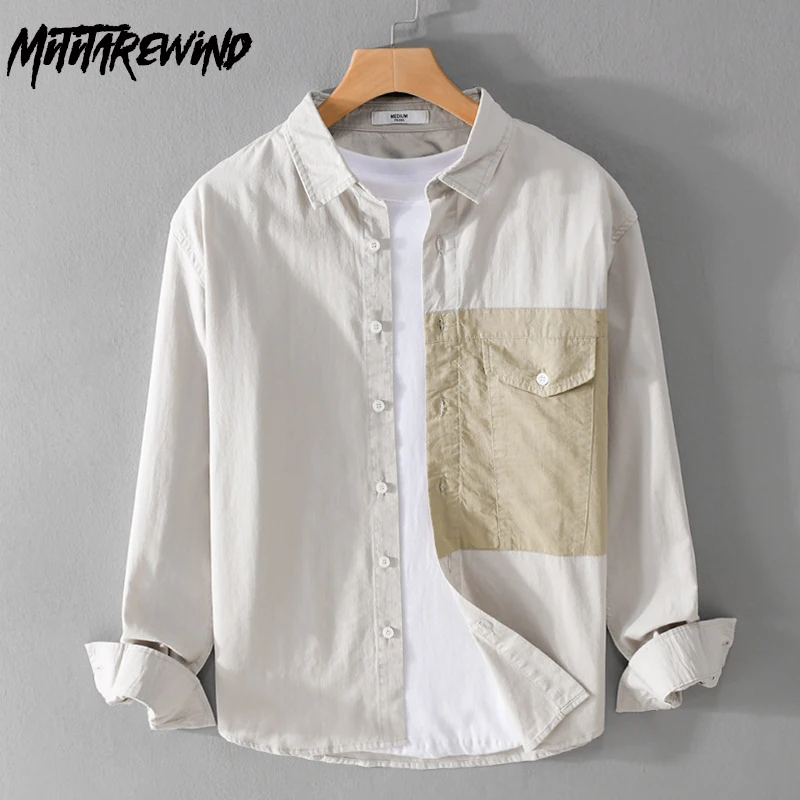 

Spring New Long Sleeve Shirt Men Daliy Casual Shirts Pure Cotton Pocket Patchwork Button Up Shirt Men Loose Fashion Tops Youth