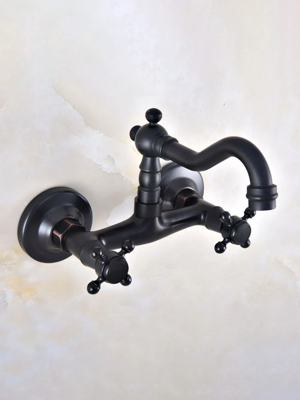 Black Oil Rubbed Bronze Bathroom Kitchen Sink Faucet Mixer Tap Swivel Spout Wall Mounted Double Handles mnf818