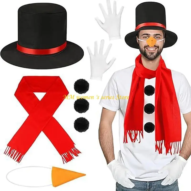 Q39C Winter Frosty Snowman Costume Acessórios com cartola, xale, nariz, luvas