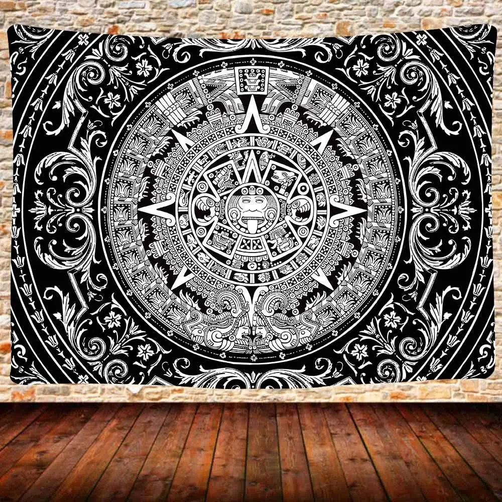 Kalendarz Azteków Gobelin Czarno-Biały Vintage Znak Majów Starożytne Słowa Wiszące Na Ścianę Do Sypialni Salon Dorm Home Decor — zdjęcie 6
