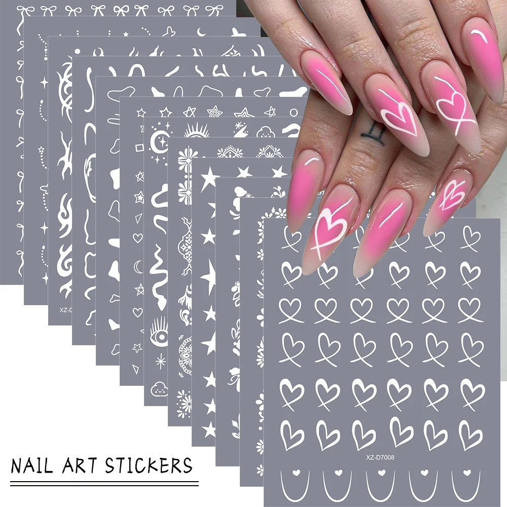 12개입 화이트 리본 하트 네일 아트 스티커 10X8cm 셀프 접착 리본타이 러브 하트 네일 데칼 프렌치 팁 매니큐어 슬라이더 스티커