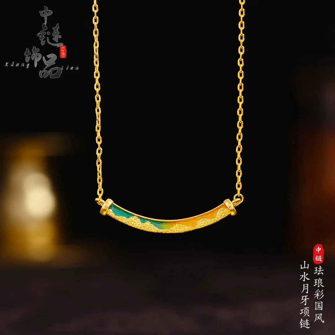 Enamel crescent necklace 9999gold