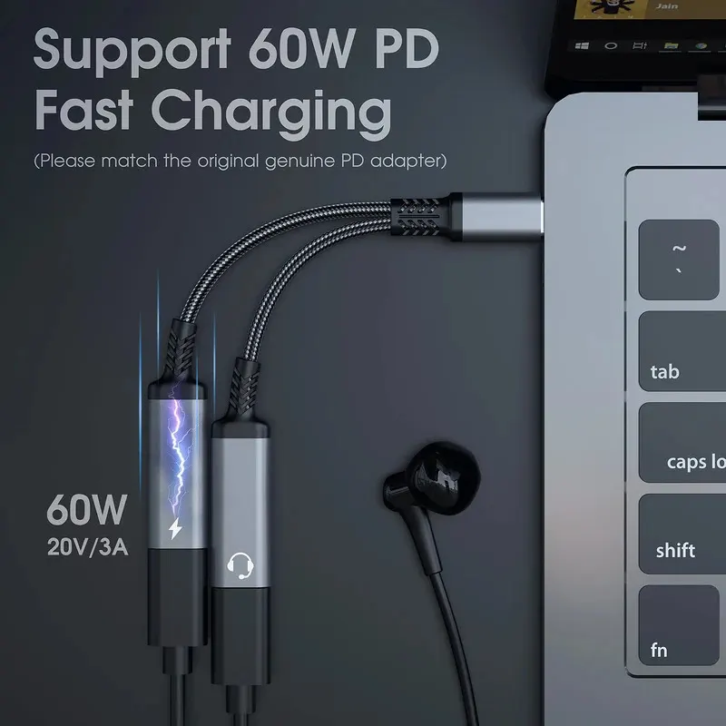 OTG 2 IN 1 USB C Splitter to Dual Type USB C Headphone Jack Audio Adapter PD 60W Fast Charger for Samsung Huawei iPhone15 Xiaomi - Detail Angle #02