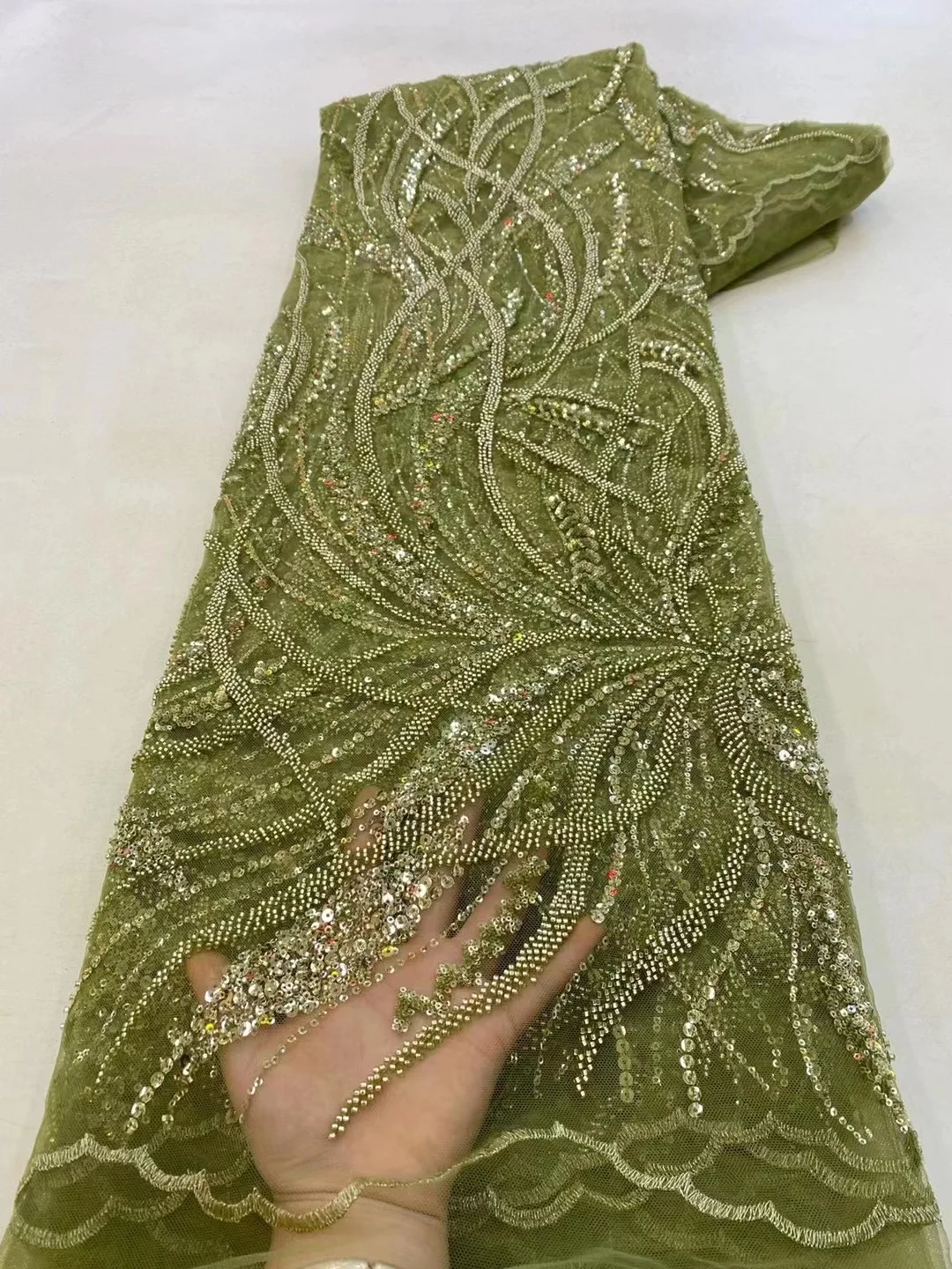 Зеленые элегантные бусины ручной работы с вышивкой, французская Тюлевая кружевная ткань для детской нигерийской роскошной кружевной ткани с блестками QF0619