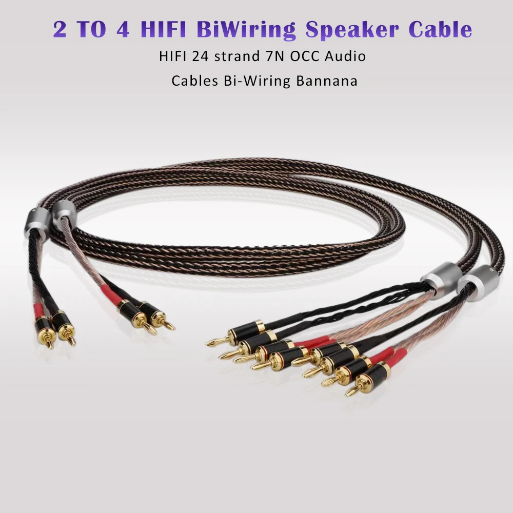 HIFI BiWiring Speaker Cable 7N OCC Audio Cables Bi-Wiring Gold Plated Banana Plug Cable for Speaker