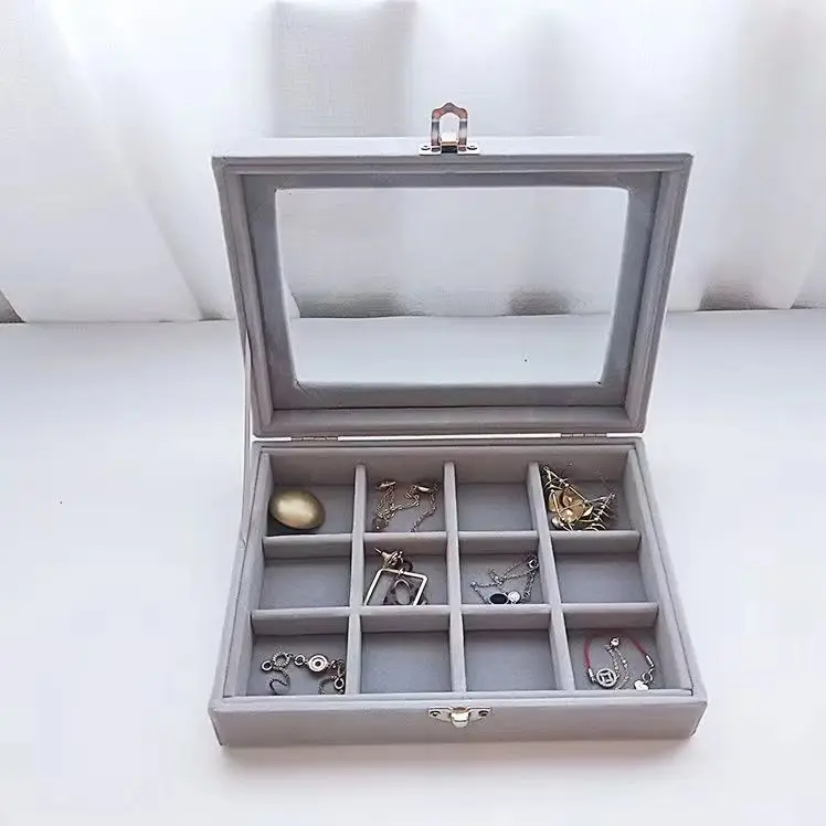 Large Square Velvet Jewelry Box with Clear Lid - Multi-Compartment Organizer for Earrings Rings Necklaces, Display Storage Case