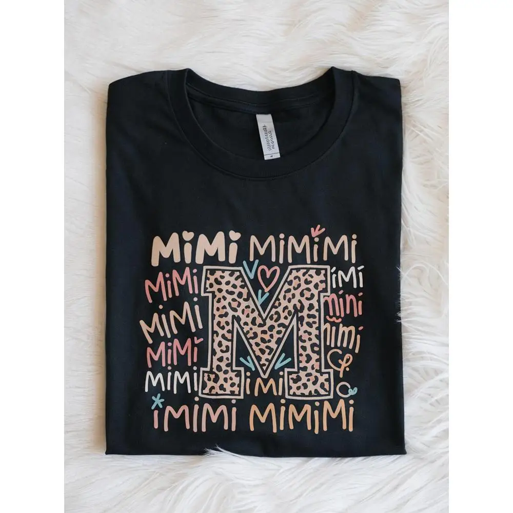 Mini Graphic Print Women's T-Shirt - 100%, Short Sleeve Crew Neck, Black with Colorful Mini Letter Design, Casual & Comfortable
