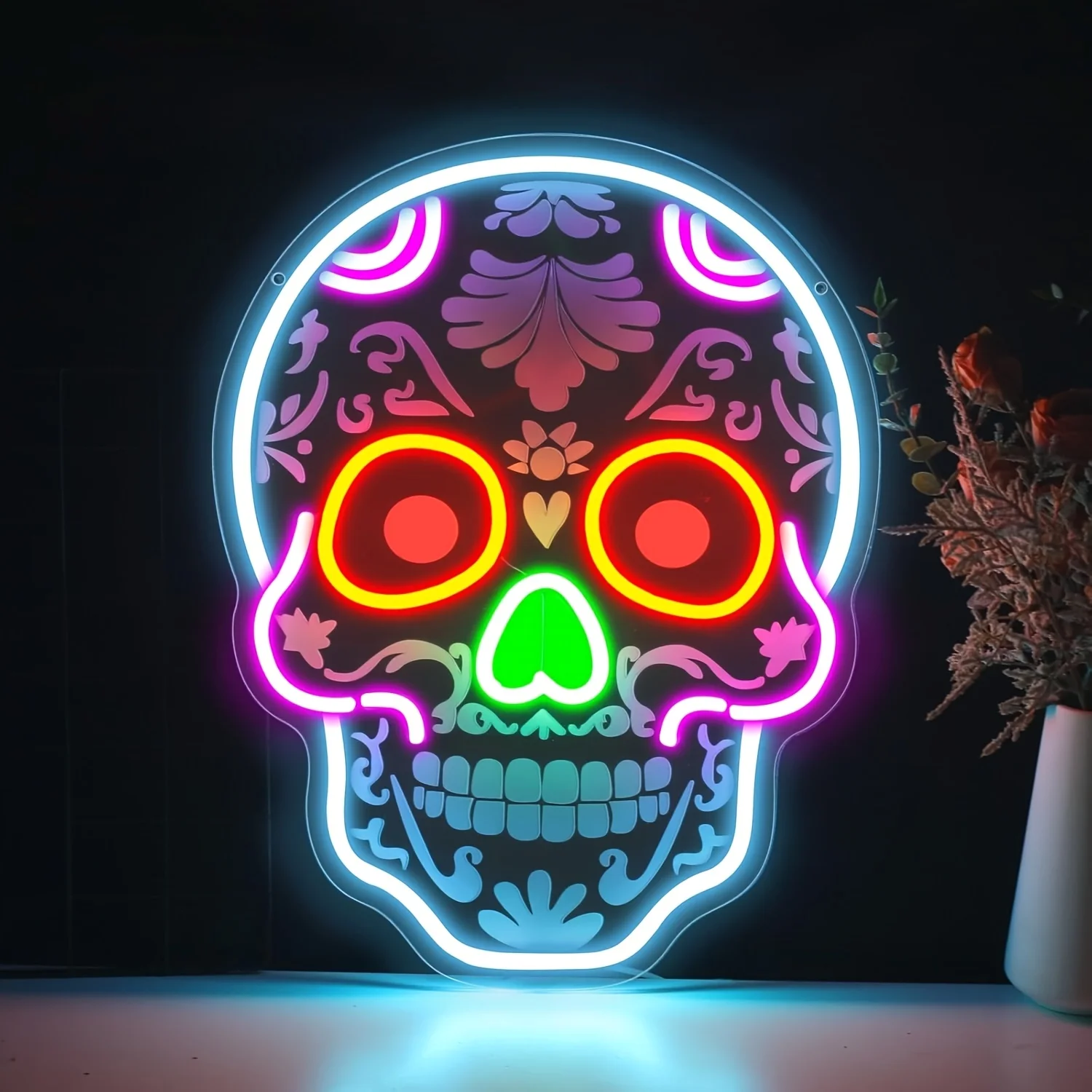 

Vibrant Multicolor Skull Neon LED Light with Floral Patterns | USB-Powered Wall Decor for Bedroom, Man Cave, Bar, Game Room