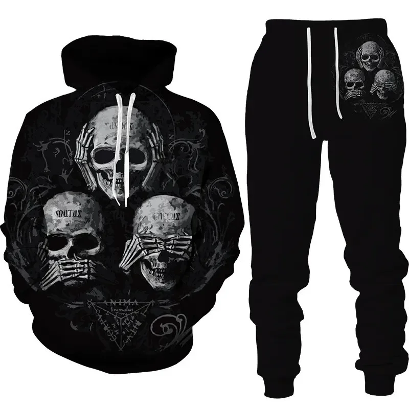 Conjunto de Sudadera con capucha para hombre, chándal informal con estampado 3D de Calavera, 2 piezas, 2024