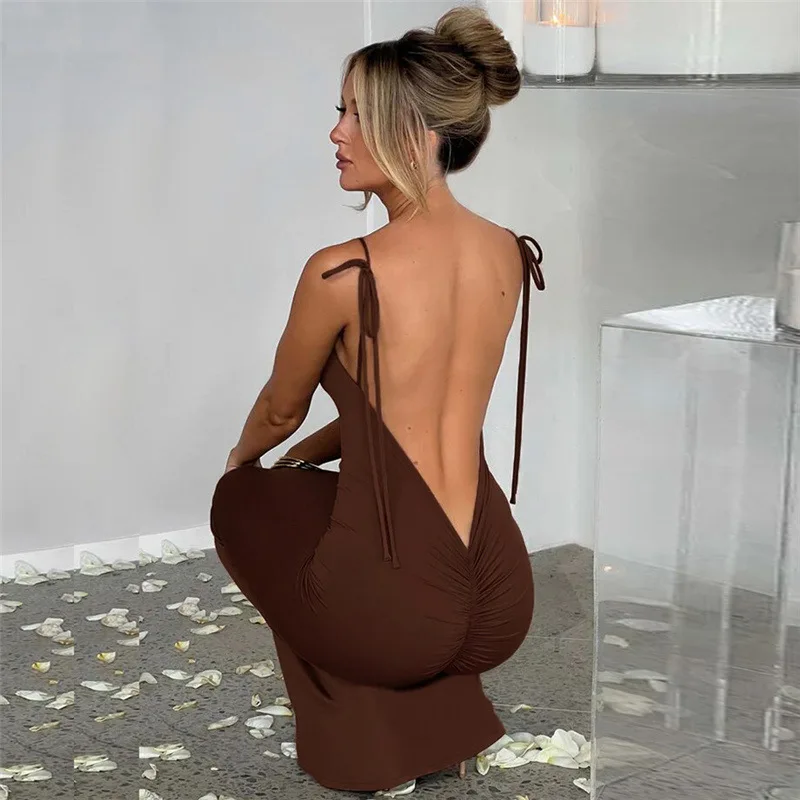 Abito lungo aderente senza maniche con cinturino per Spaghetti da donna Sexy Club Party Vestidos elegante abito lungo Slim senza schienale con apertura profonda sul retro