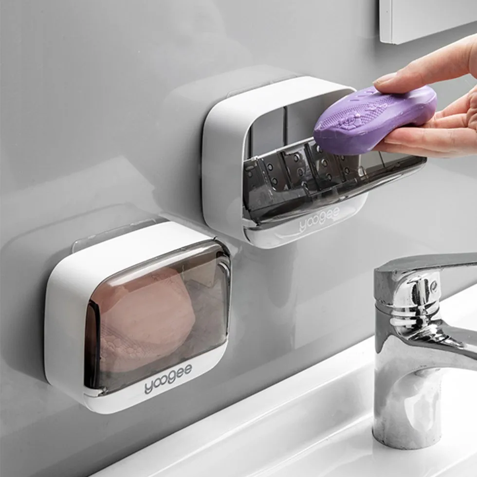 Soporte de jabón para baño montado en la pared sin perforación tapa abatible drenaje jabonera caja impermeable organizador de esponja de baño