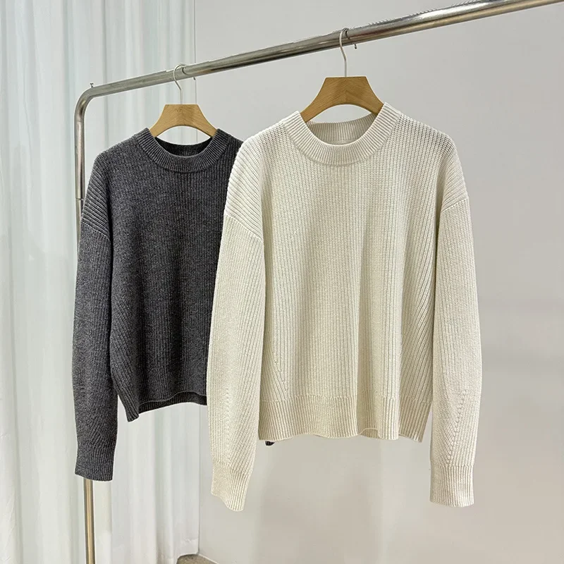 

2024 Early Fall New Simple Round Neck Wool Cashmere Loose Base Long Sleeve Sweater Thick Warm Sweater Women