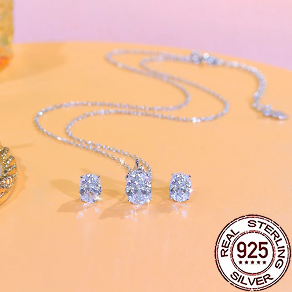 QooLady 925 فضة لامعة مكعب الزركون كبير البيضاوي أقراط قلادة مجموعات للنساء الزفاف ديكور مجوهرات اكسسوارات ST046