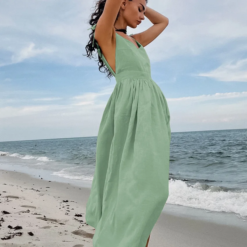 

Summer Sexy Pure Desire Khaki Cotton and Linen Suspender Skirt Vacation Medium and Long Lace-up High Waist Dress